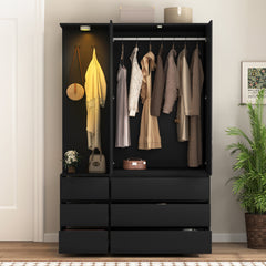 Wardrobe Closet 71.7 H, Bedroom Wooden Wardrobe With 2 Doors 6 Drawers, Modern Clothing Storage Cabinet Combination With Storage Shelves And Hanging Rail, Black