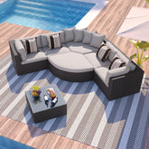 GO 7-piece Outdoor Wicker Sofa Set, Rattan Sofa Lounger, With Colorful Pillows, Conversation Sofa, For Patio, Garden, Deck, Brown Wicker