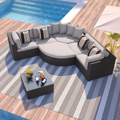 GO 7-piece Outdoor Wicker Sofa Set, Rattan Sofa Lounger, With Colorful Pillows, Conversation Sofa, For Patio, Garden, Deck, Brown Wicker