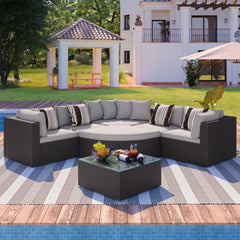 GO 7-piece Outdoor Wicker Sofa Set, Rattan Sofa Lounger, With Colorful Pillows, Conversation Sofa, For Patio, Garden, Deck, Brown Wicker