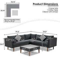 GO 4-pieces Outdoor Wicker Sofa Set, Patio Furniture With Colorful Pillows, L-shape Sofa Set, Gray Cushions And Black Rattan