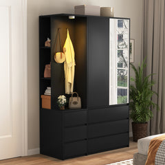 Wardrobe Closet 71.7 H, Bedroom Wooden Wardrobe With 2 Doors 6 Drawers, Modern Clothing Storage Cabinet Combination With Storage Shelves And Hanging Rail, Black