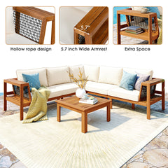 GO 4 Pieces Outdoor Acacia Wood Sofa Set, Woven Mesh Armrests, L-Shaped Patio Furniture Sofa Set With Coffee Table, Outdoor Conversation Set With Beige Cushions And Side Table, Teak Color Look