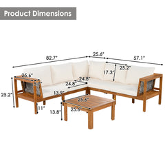 GO 4 Pieces Outdoor Acacia Wood Sofa Set, Woven Mesh Armrests, L-Shaped Patio Furniture Sofa Set With Coffee Table, Outdoor Conversation Set With Beige Cushions And Side Table, Teak Color Look
