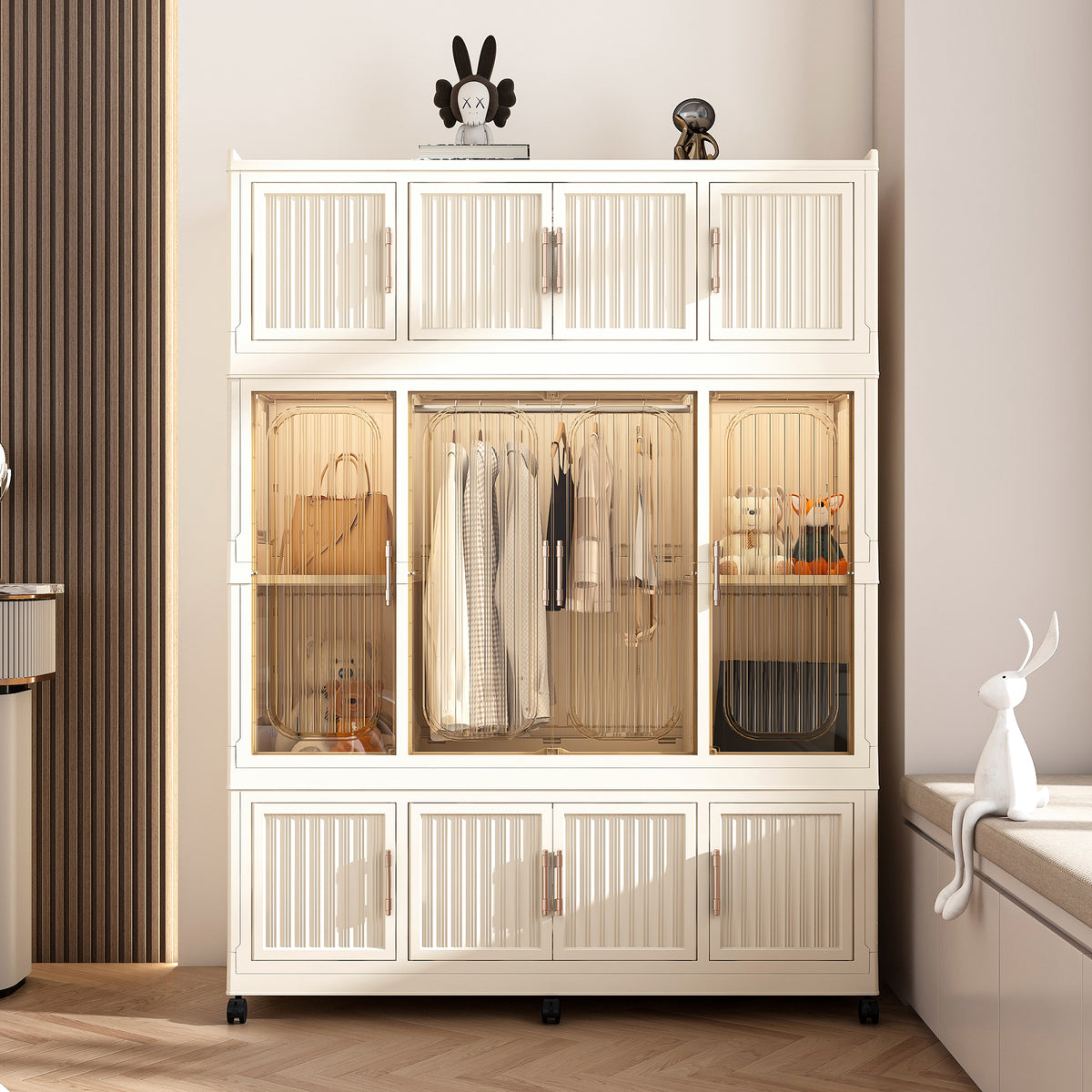 Portable Wardrobe Closet Storage Organizer For Clothes,Clothes Dresser,12 Magnetic Doors-12 Cubes & 1 Hanging Rod,6 Pcs Hangers , Baby Wardrobe Storage Cabinet,White