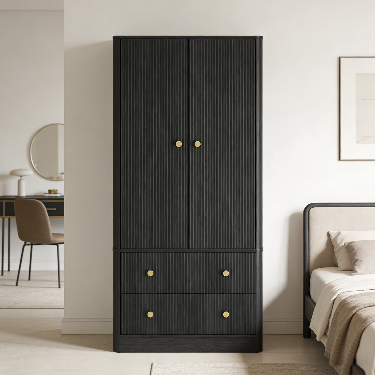 Clothing Wardrobe 2 Doors 2 Drawers Elegant Wave Pattern Wooden Freestanding Large Capacity Storage Cabinet For Bedroom Living Room Office