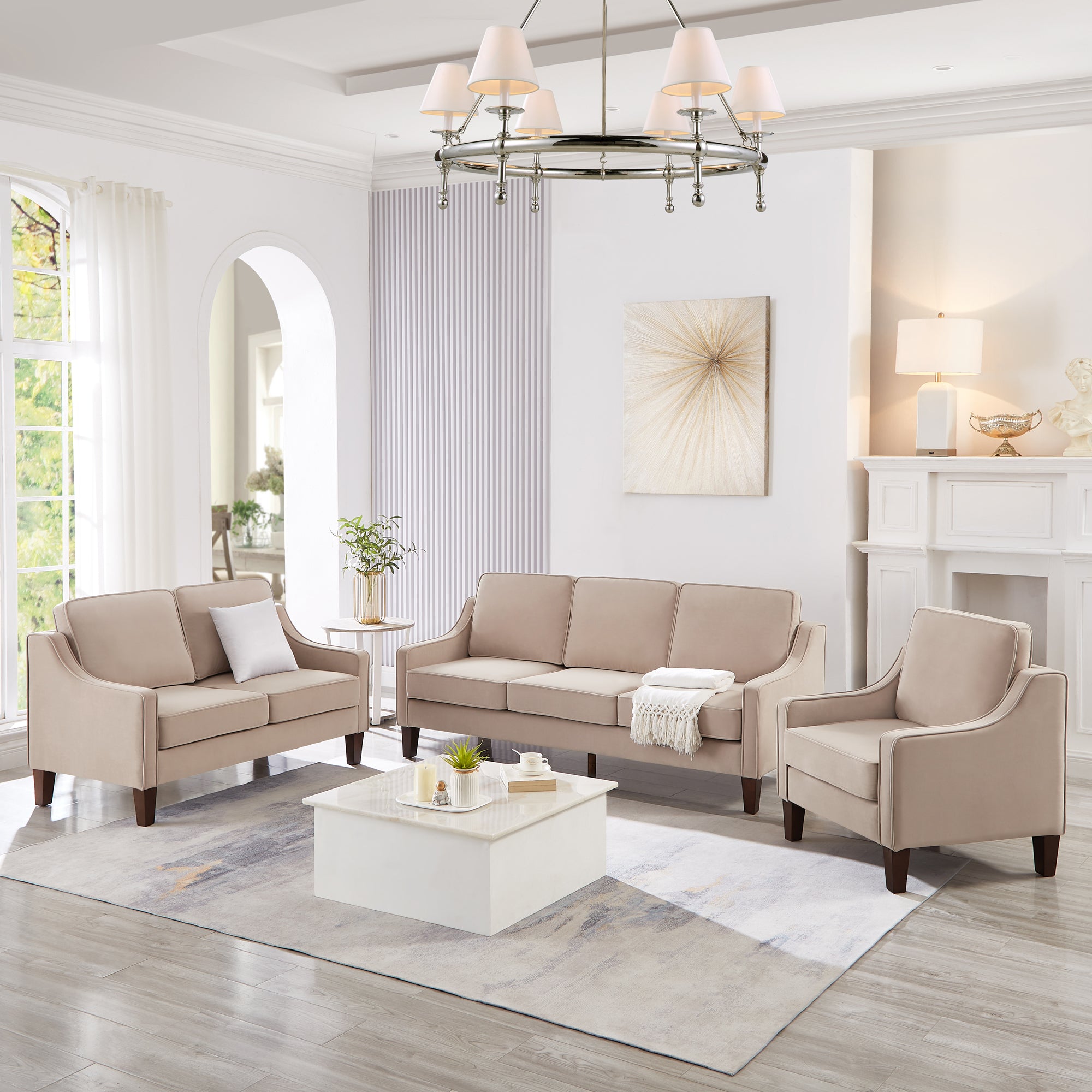 Modern 3-Piece Velvet Sofa with Scooped Armrest & Wood Legs – Taupe