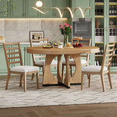 TREXM Round Dining Table For 4 With Chairs Set  Extendable Dining Table Set With 16 Removable Middle Leaf  5 Piece Retro Dining Table Set Unique Geometric Design For Kitchen  Dining Room  Natural
