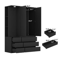 Wardrobe Closet 71.7 H, Bedroom Wooden Wardrobe With 2 Doors 6 Drawers, Modern Clothing Storage Cabinet Combination With Storage Shelves And Hanging Rail, Black