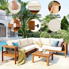 GO 4 Pieces Outdoor Acacia Wood Sofa Set, Woven Mesh Armrests, L-Shaped Patio Furniture Sofa Set With Coffee Table, Outdoor Conversation Set With Beige Cushions And Side Table, Teak Color Look