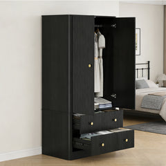 Clothing Wardrobe 2 Doors 2 Drawers Elegant Wave Pattern Wooden Freestanding Large Capacity Storage Cabinet For Bedroom Living Room Office