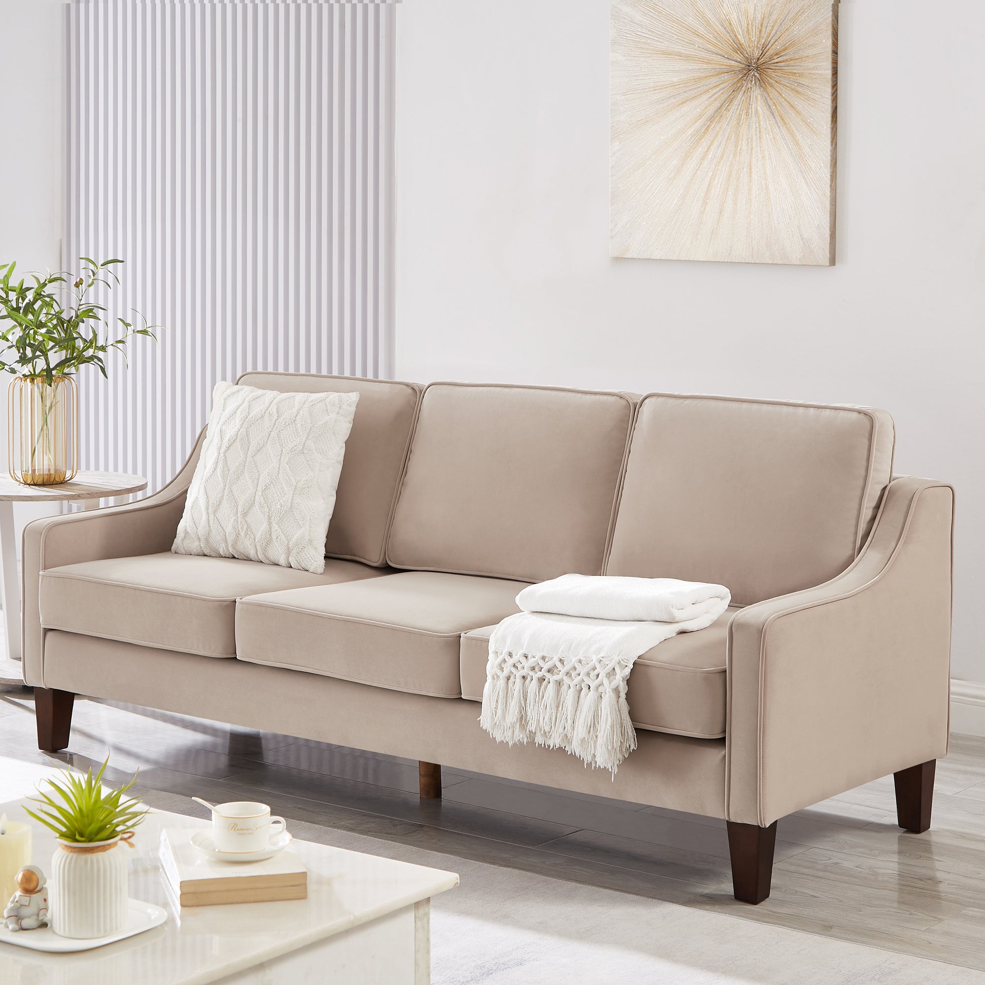 Modern 3-Piece Velvet Sofa with Scooped Armrest & Wood Legs – Taupe